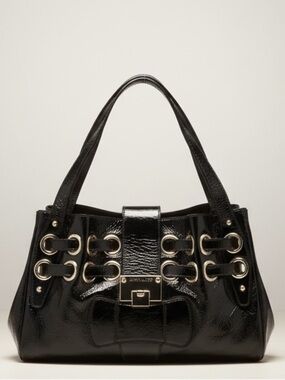 Jimmy Choo Ramona Leather Shoulder Bag Tote Satchel Hobo Logo Pockets Black Gold